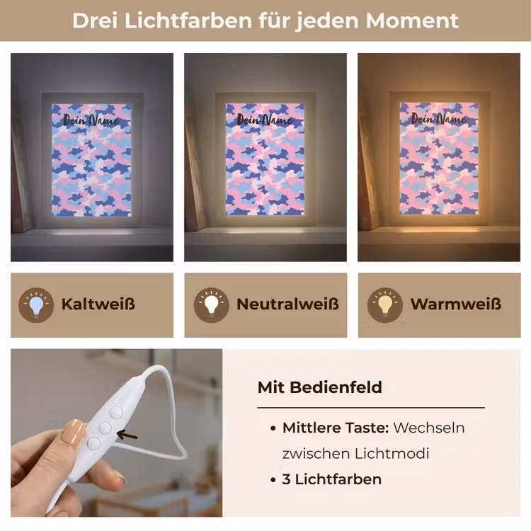 Camouflage - Roze - Blauw Light Box met kabel (Kinderlampje) klein -USP_lichtkleurDE