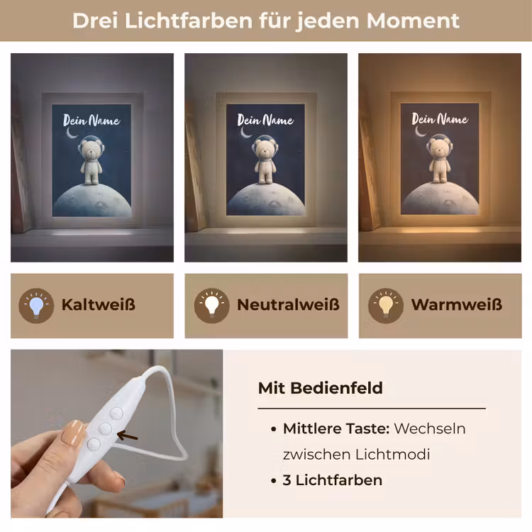 Teddybeer - Ruimtehelm - Maan - Sterren Light Box met kabel (Kinderlampje) klein -USP_lichtkleurDE