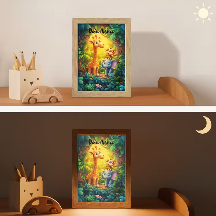 Dieren - Jungle - Giraf - Olifant - Aapje Light Box met kabel (Kinderlampje) klein -sfeer3_kind