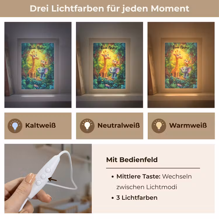 Dieren - Jungle - Giraf - Olifant - Aapje Light Box met kabel (Kinderlampje) klein -USP_lichtkleurDE