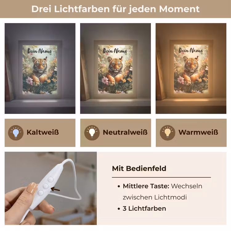 Tijger - Bloemen - Jungle - Dieren Light Box met kabel (Kinderlampje) klein -USP_lichtkleurDE