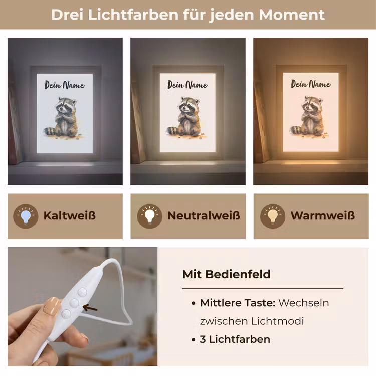 Wasbeer - Waterverf - Kleuren - Dieren - Kids Light Box met kabel (Kinderlampje) klein -USP_lichtkleurDE