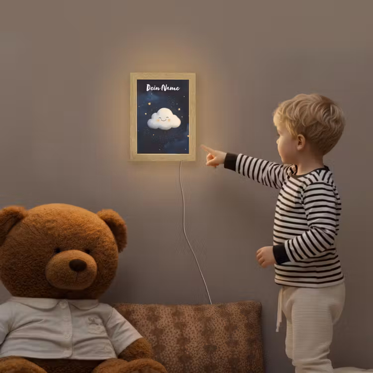 Wolkje - Gezichtje - Sterren - Donkerblauw Light Box met kabel (Kinderlampje) klein -sfeer4a_kind