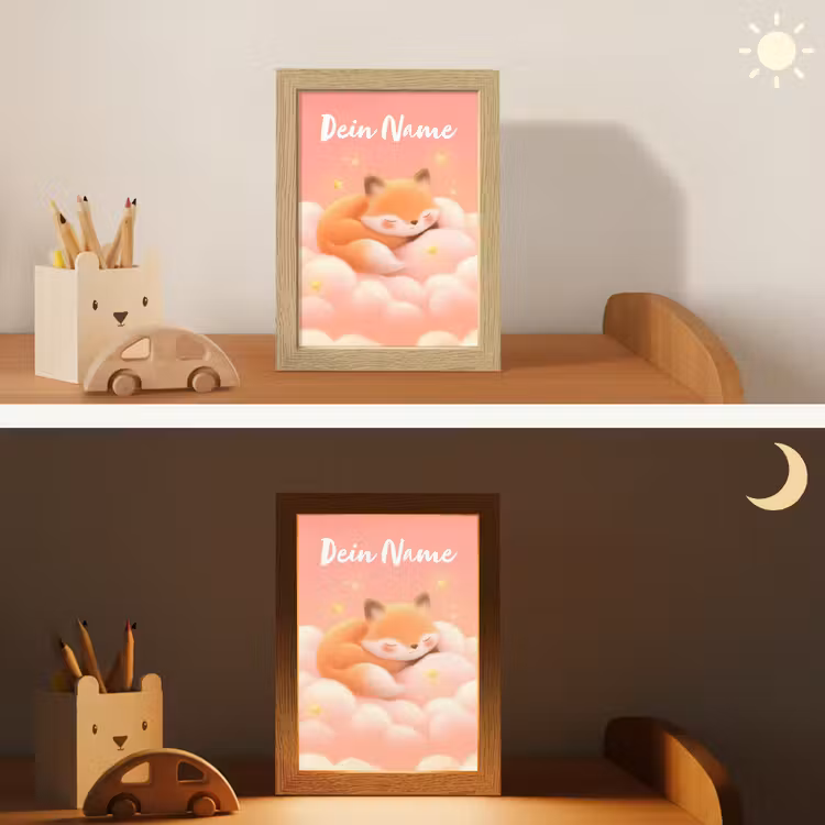 Wolken - Vos - Oranje - Sterren Light Box met kabel (Kinderlampje) klein -sfeer3_kind