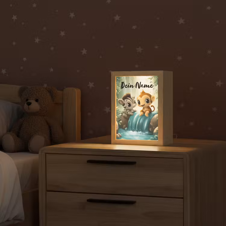 Zebra - Aapje - Waterval - Rotsen Light Box met kabel (Kinderlampje) klein -sfeer1_kind