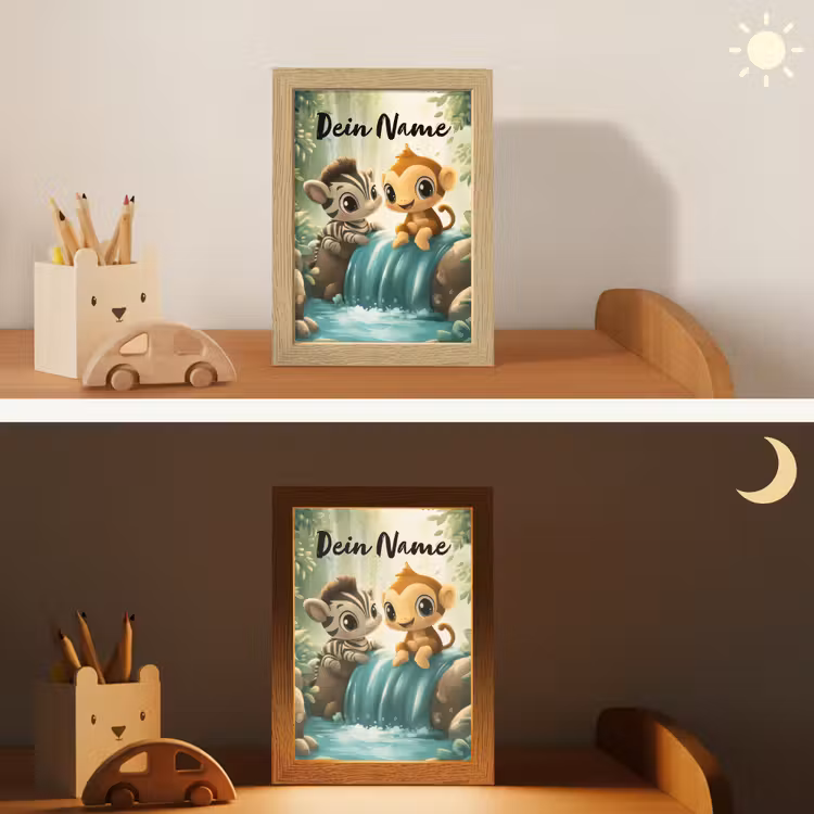 Zebra - Aapje - Waterval - Rotsen Light Box met kabel (Kinderlampje) klein -sfeer3_kind