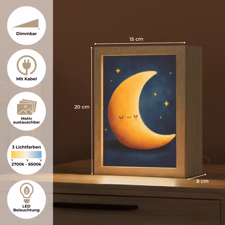 Maan - Geel - Sterren - Gezichtje Light Box met kabel (Kinderlampje) klein -USP_websiteoverzichtDE