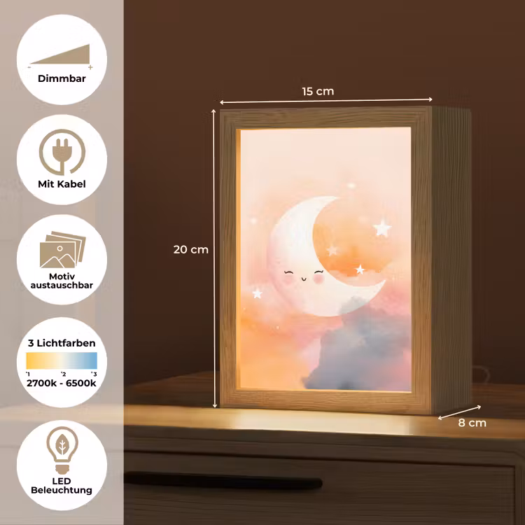 Maan - Gezichtje - Sterren - Roze Light Box met kabel (Kinderlampje) klein -USP_websiteoverzichtDE