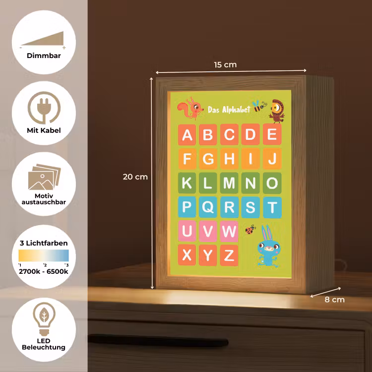 Educatief - Alfabet leren - Groen - Bosdieren - Letters Light Box met kabel (Kinderlampje) klein -USP_websiteoverzichtDE