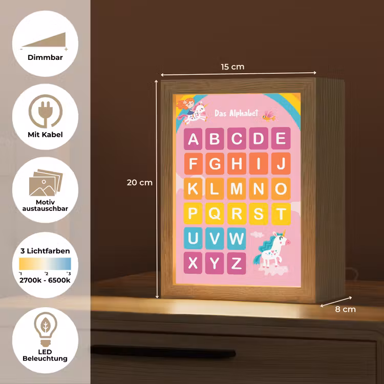 Educatief - Alfabet leren - Roze - Eenhoorn - Letters Light Box met kabel (Kinderlampje) klein -USP_websiteoverzichtDE