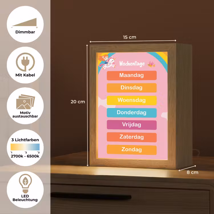 Educatief - Dagen van de week - Eenhoorn - Leren - Meisjes Light Box met kabel (Kinderlampje) klein -USP_websiteoverzichtDE