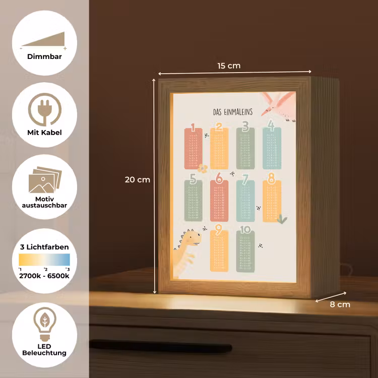 Educatief - Leren rekenen - Dino - Vermenigvuldigingstabel Light Box met kabel (Kinderlampje) klein -USP_websiteoverzichtDE