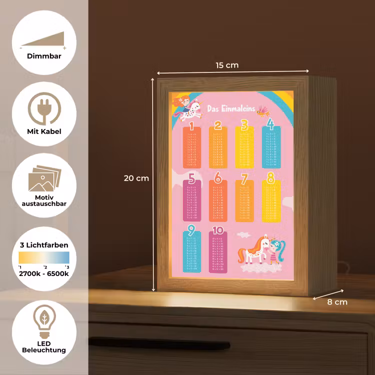 Educatief - Leren rekenen - Eenhoorn - Vermenigvuldigingstabel Light Box met kabel (Kinderlampje) klein -USP_websiteoverzichtDE