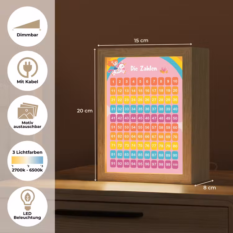 Educatief - Leren tellen - Regenboog - Eenhoorn - Getallen Light Box met kabel (Kinderlampje) klein -USP_websiteoverzichtDE