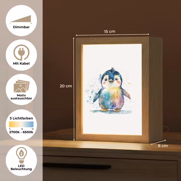 Pinguïn - Regenboog - Waterverf - Dieren - Kinderen Light Box met kabel (Kinderlampje) klein -USP_websiteoverzichtDE