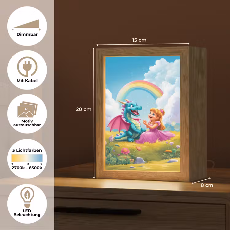 Prinses - Draak - Regenboog Light Box met kabel (Kinderlampje) klein -USP_websiteoverzichtDE