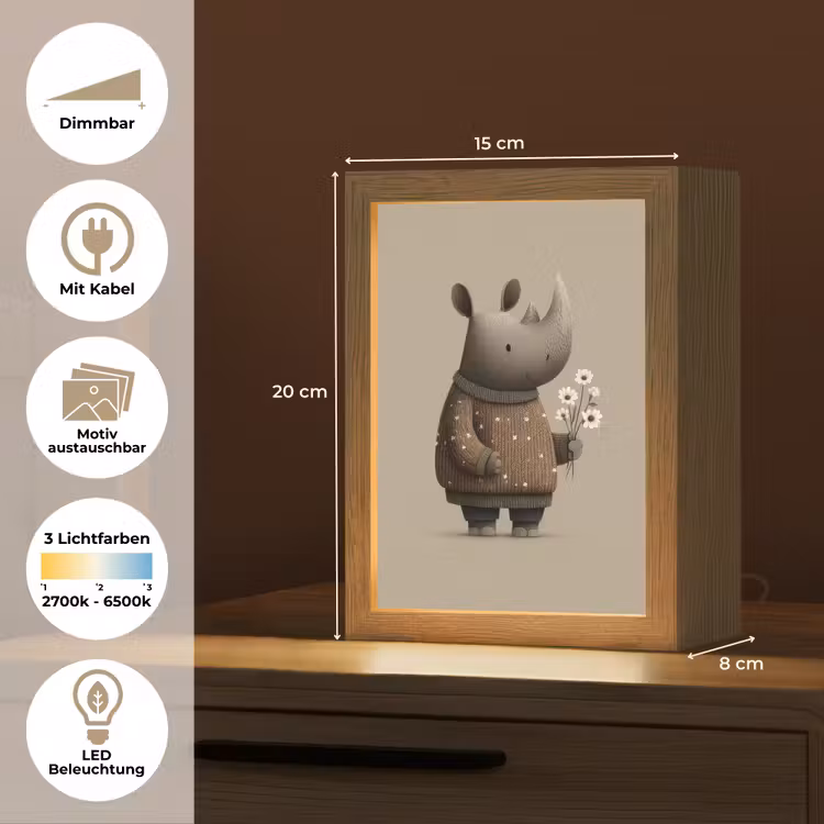 Neushoorn - Witte bloemen - Lief Light Box met kabel (Kinderlampje) klein -USP_websiteoverzichtDE