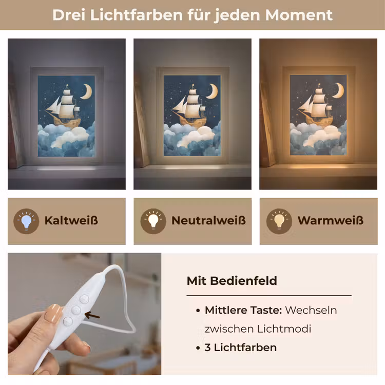 Zeilschip - Sterrenhemel - Wolken - Blauw Light Box met kabel klein -USP_lichtkleurDE