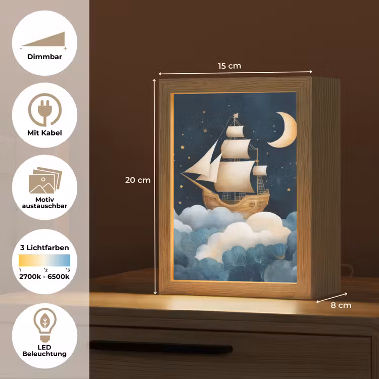Zeilschip - Sterrenhemel - Wolken - Blauw Light Box met kabel (Kinderlampje) klein -USP_websiteoverzichtDE