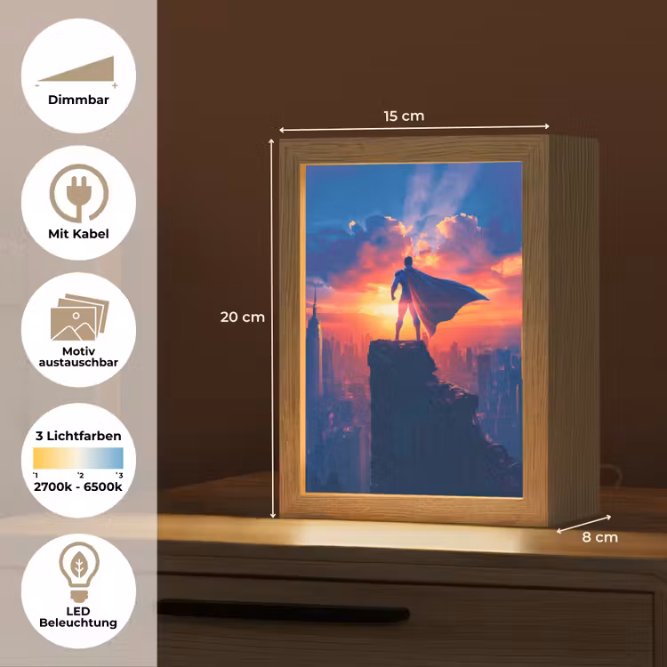 Superheld - Stad - Jongens - Kleurrijk - Zon Light Box met kabel (Kinderlampje) klein -USP_websiteoverzichtDE