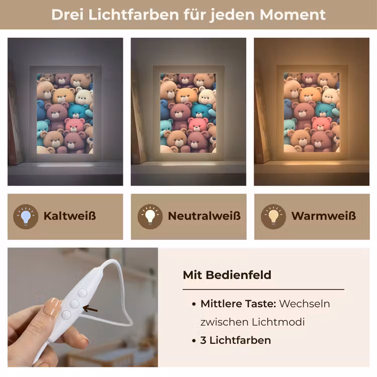 Knuffelbeer - Knuffel - Roze - Blauw - Bruin - Kind Light Box met kabel klein -USP_lichtkleurDE