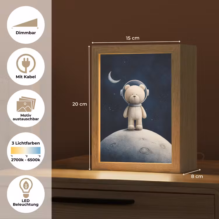 Teddybeer - Ruimtehelm - Maan - Sterren Light Box met kabel (Kinderlampje) klein -USP_websiteoverzichtDE