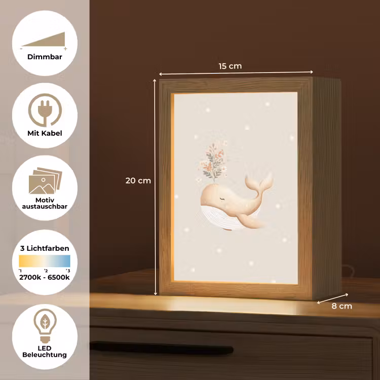 Walvis - Minimalistisch - Bloemen - Stippen Light Box met kabel (Kinderlampje) klein -USP_websiteoverzichtDE
