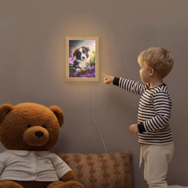 Puppy - Zon - Bloemen - Natuur - Bordercollie - Hond Light Box met kabel klein -sfeer4a_kind