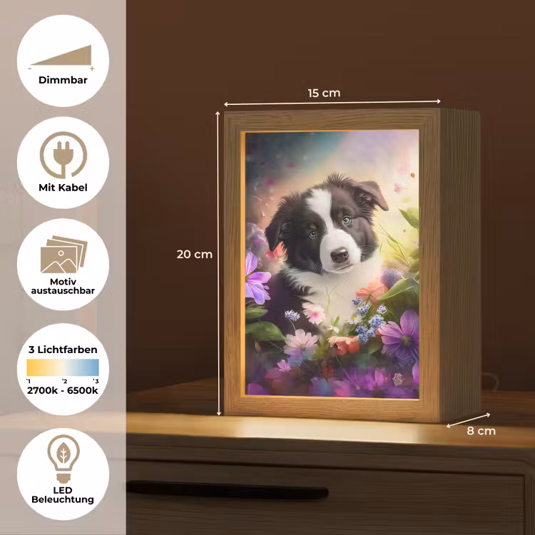 Puppy - Zon - Bloemen - Natuur - Bordercollie - Hond Light Box met kabel (Kinderlampje) klein -USP_websiteoverzichtDE