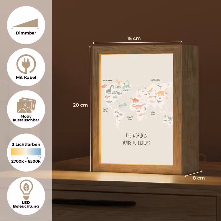 Wereldkaart - Dino - Kinderen - Dinosaurus Light Box met kabel (Kinderlampje) klein -USP_websiteoverzichtDE