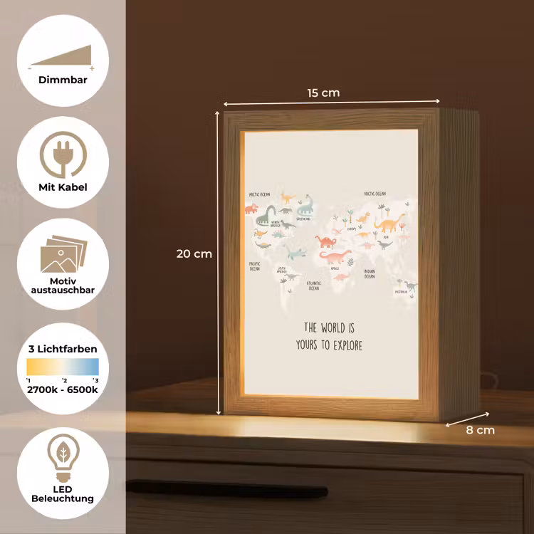 Wereldkaart - Kinderen - Jongens - Dino - Quote Light Box met kabel (Kinderlampje) klein -USP_websiteoverzichtDE