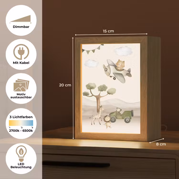 Wilde dieren - Safari - Pastel kleuren - Watercolor - Vliegtuig Light Box met kabel (Kinderlampje) klein -USP_websiteoverzichtDE