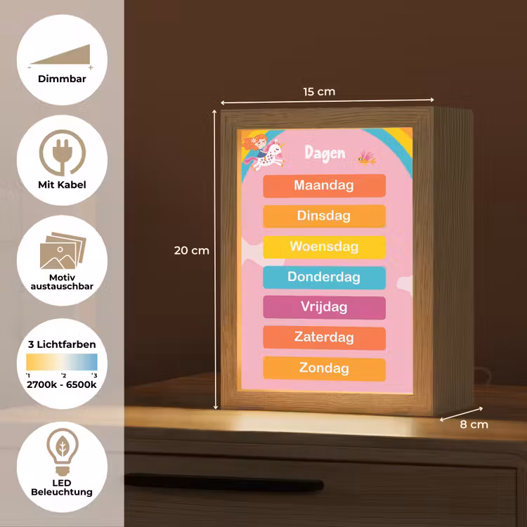 Dagen van de week - Educatief - Leren voor kinderen - Roze Light Box met kabel (Kinderlampje) klein -USP_websiteoverzichtDE