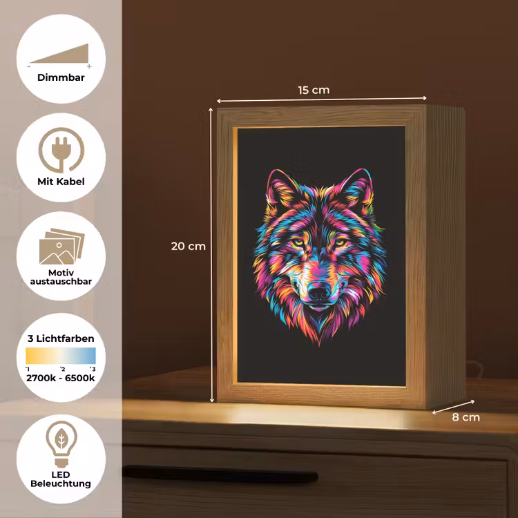 Wolf - Kleurrijk - Zwart - Dieren - Neon Light Box met kabel (Kinderlampje) klein -USP_websiteoverzichtDE