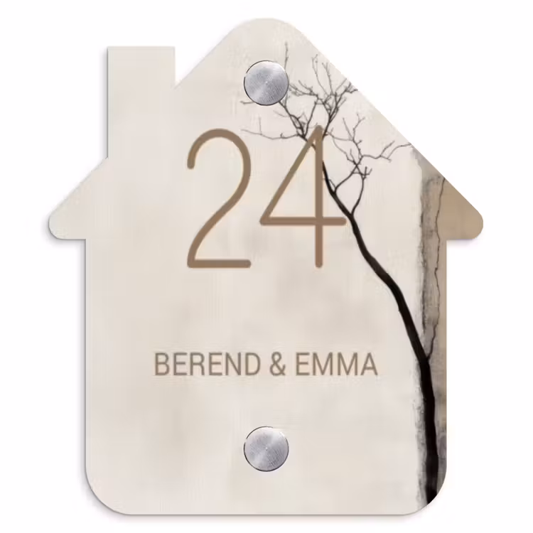 Boomsilhouet beige achtergrond - Klassiek Naambord Huisje klein -3d