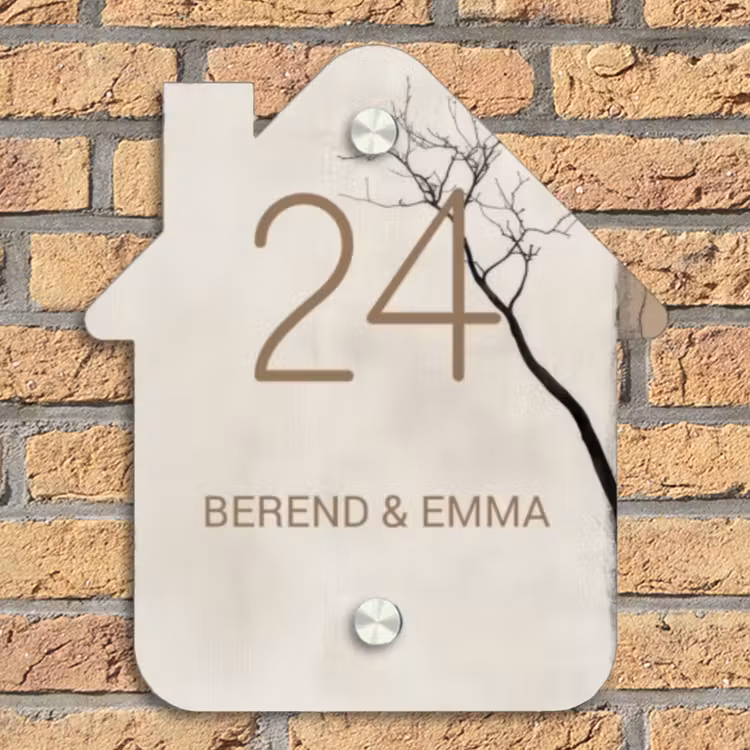 Boomsilhouet beige achtergrond - Klassiek Naambord Huisje klein -sfeer5
