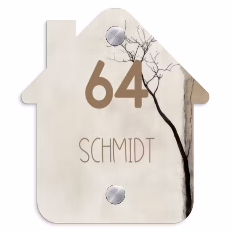 Boomsilhouet beige achtergrond - Modern Naambord Huisje klein -3d