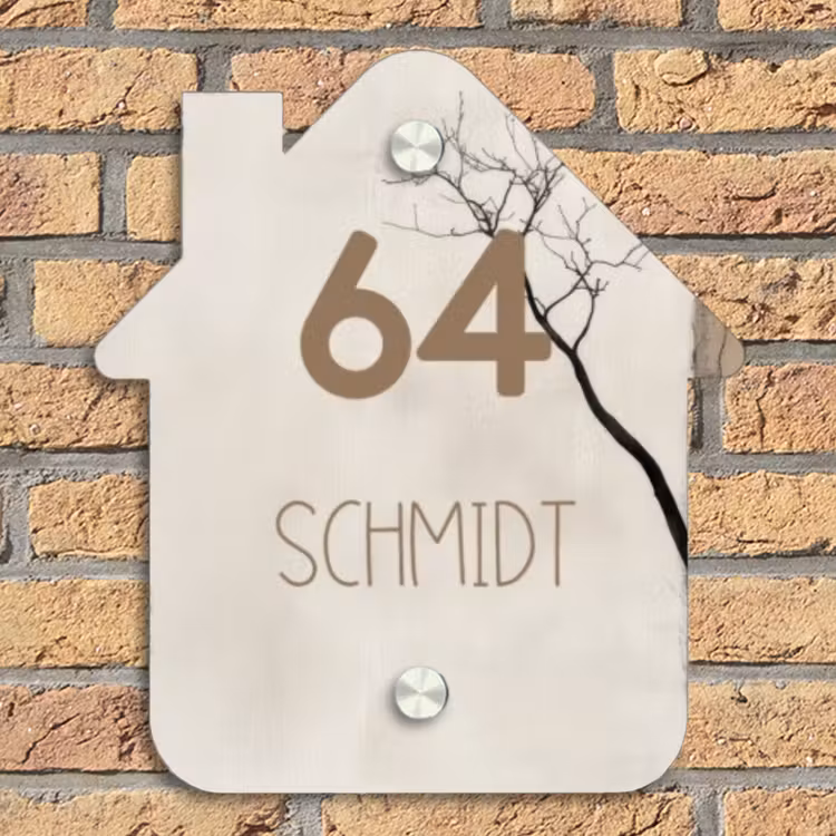 Boomsilhouet beige achtergrond - Modern Naambord Huisje klein -sfeer5
