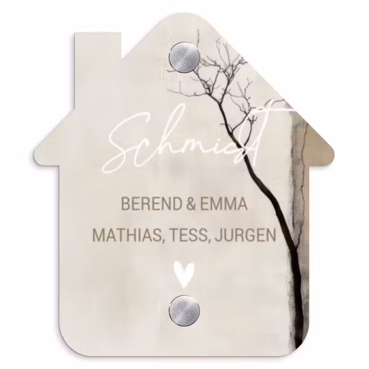 Boomsilhouet beige achtergrond - Sierlijk Naambord Huisje klein -3d