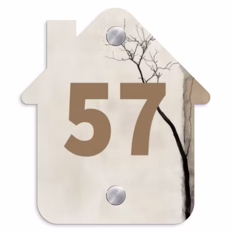 Boomsilhouet beige achtergrond - Traditioneel Naambord Huisje klein -3d