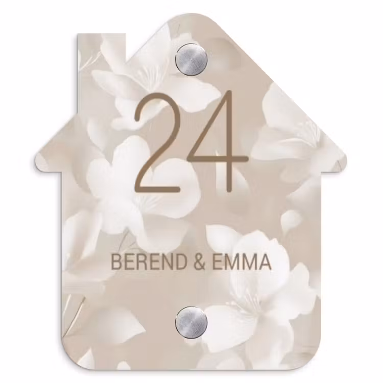 Beigefarbene Blumen Naambord Huisje klein -3d
