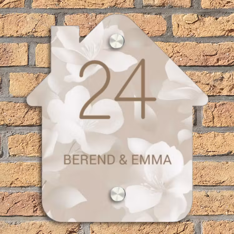Beigefarbene Blumen Naambord Huisje klein -sfeer5
