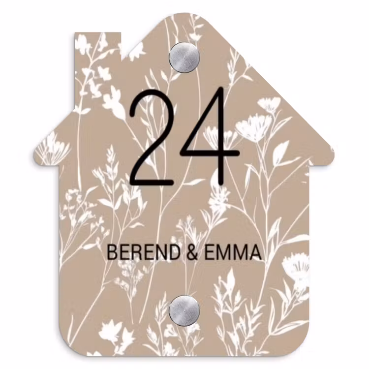 Beiges Blumenmuster - Klassisch Naambord Huisje klein -3d
