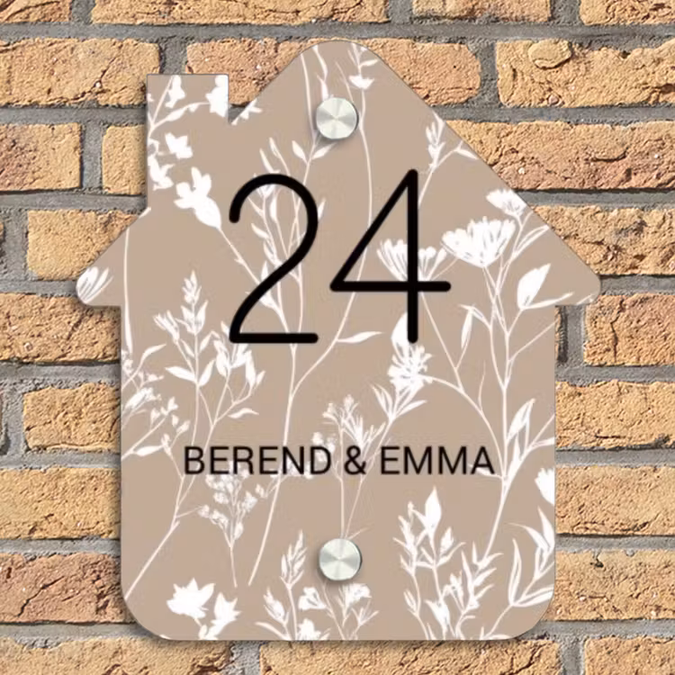 Beiges Blumenmuster - Klassisch Naambord Huisje klein -sfeer5
