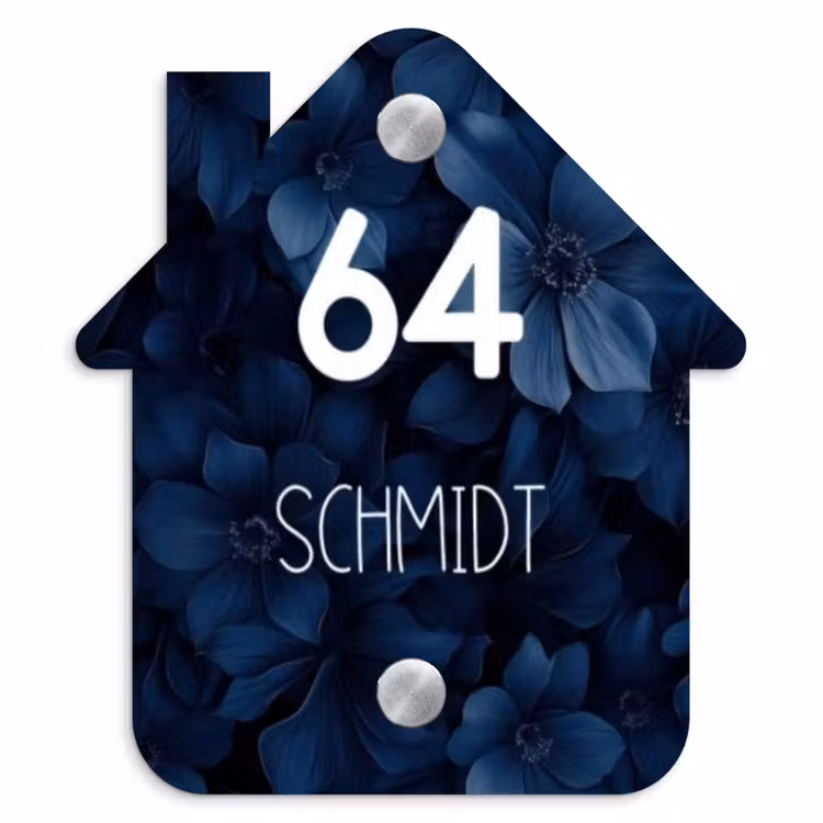 Blauwe bloemen - Modern Naambord Huisje klein -3d