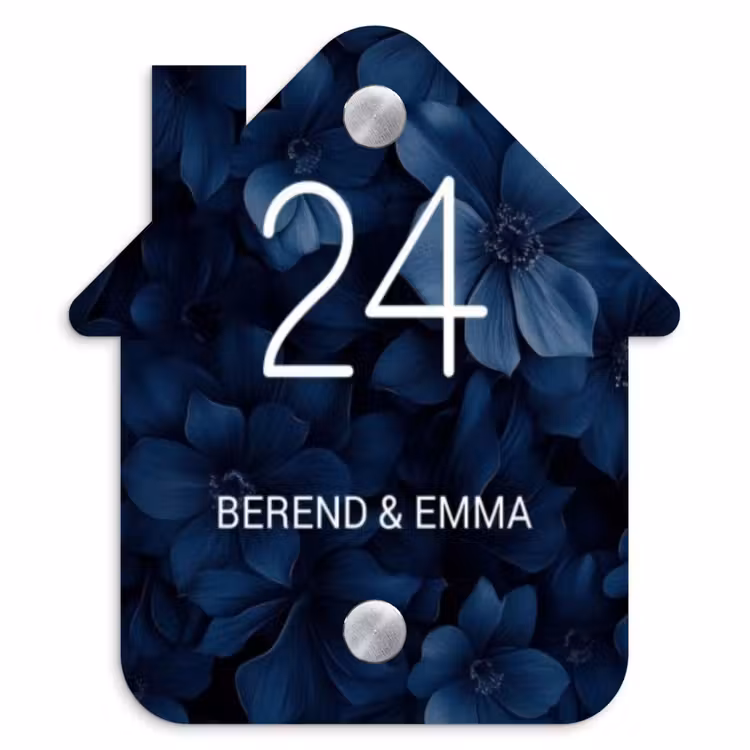 Blauwe bloemen - Sierlijk Naambord Huisje klein -3d