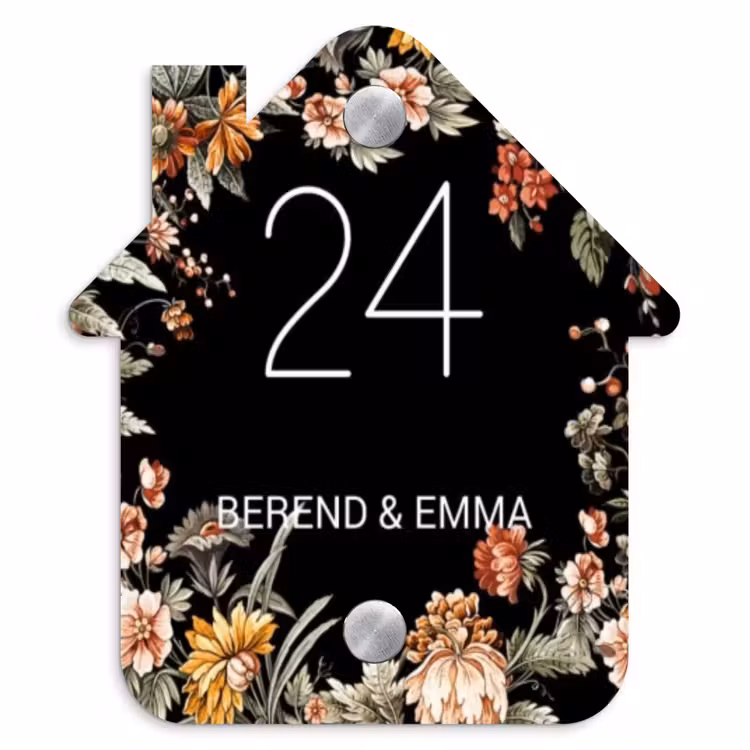 Bloemen - Zwart - Klassiek Naambord Huisje klein -3d