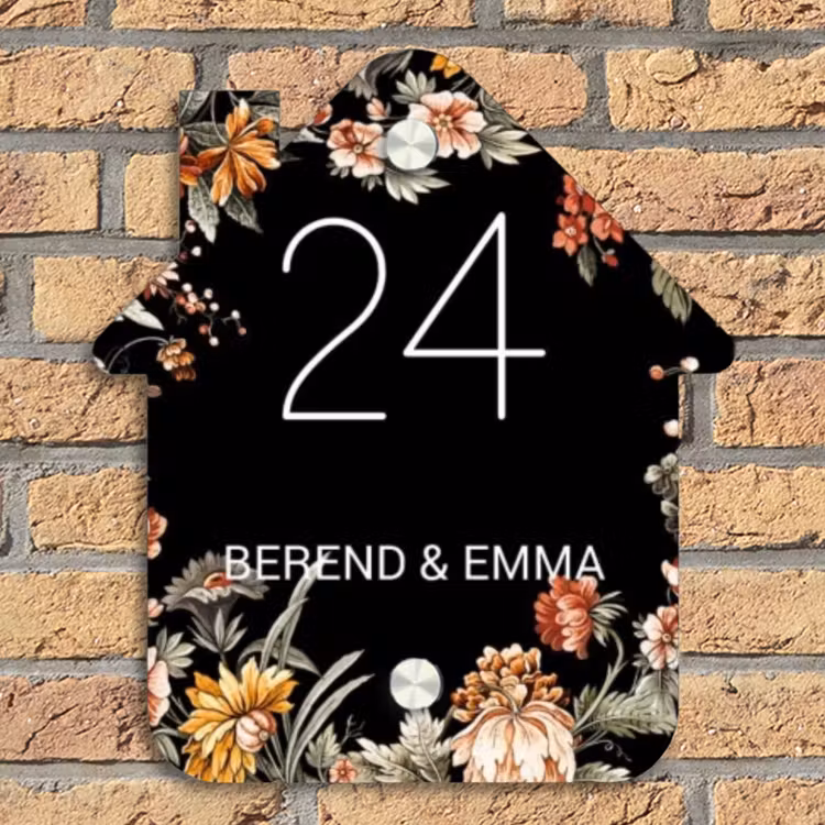 Bloemen - Zwart - Klassiek Naambord Huisje klein -sfeer5