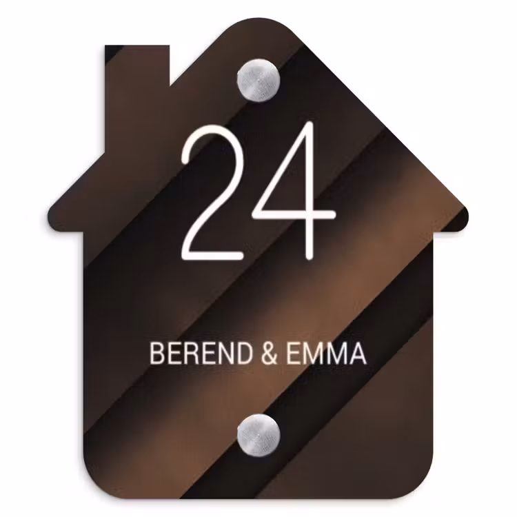 Bruine diagonale banen - Klassiek Naambord Huisje klein -3d