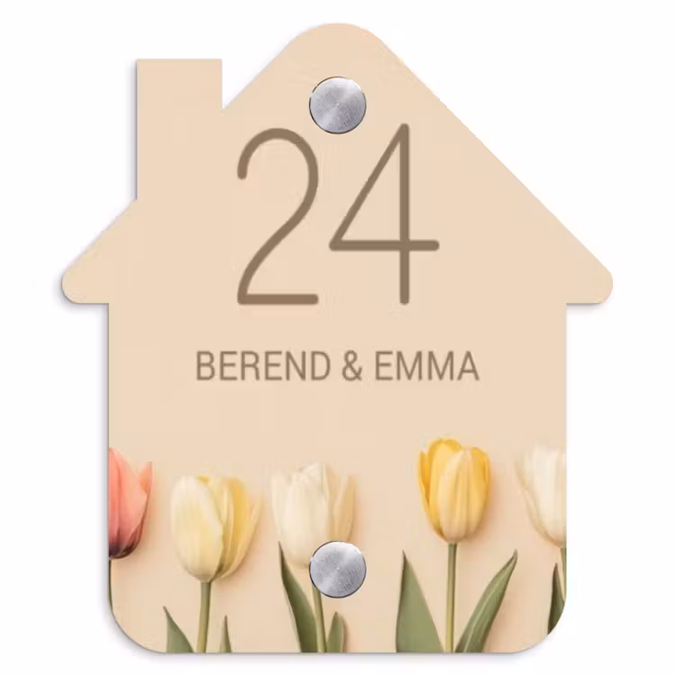 Gekleurde tulpen beige achtergrond - Klassiek Naambord Huisje klein -3d
